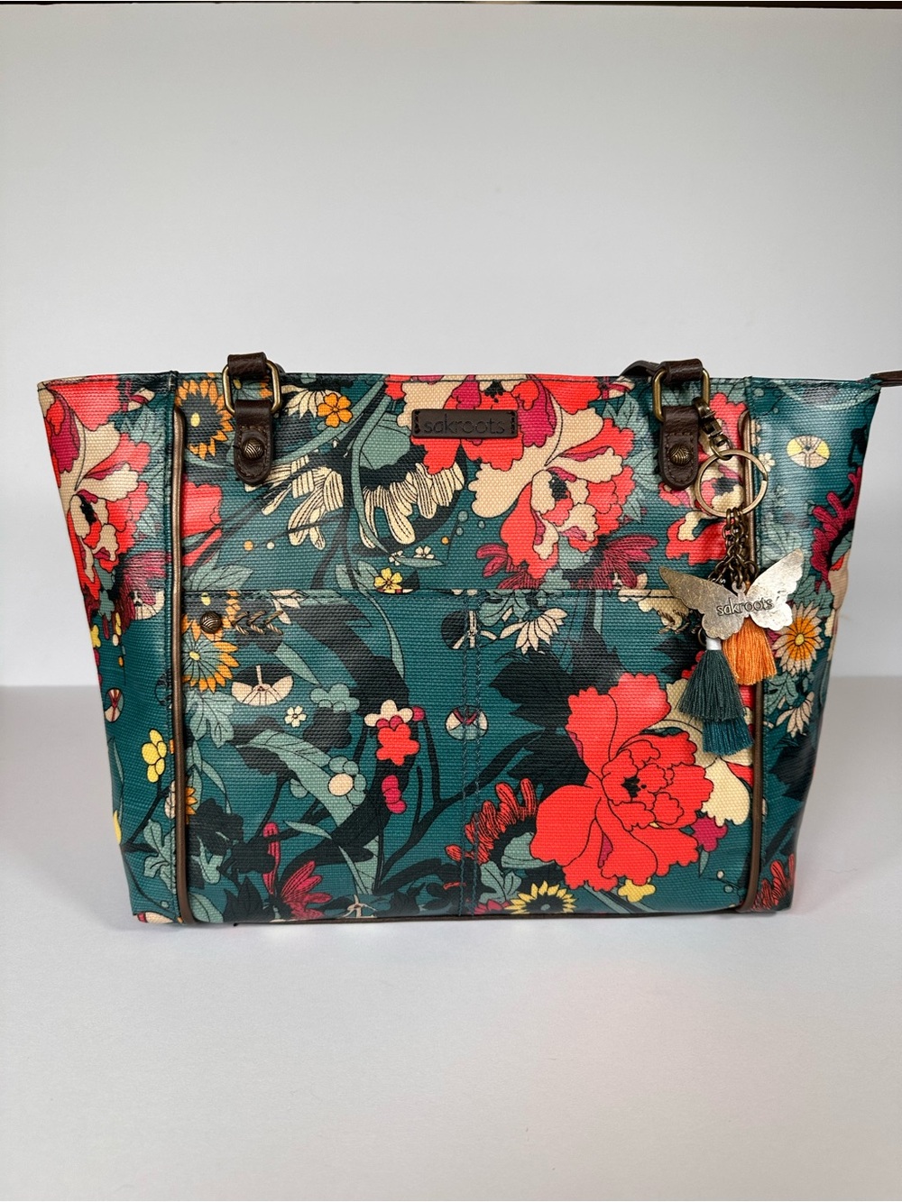 Sakroots Artist Circle Metro Tote Bag Floral Teal Coated Canvas Boho